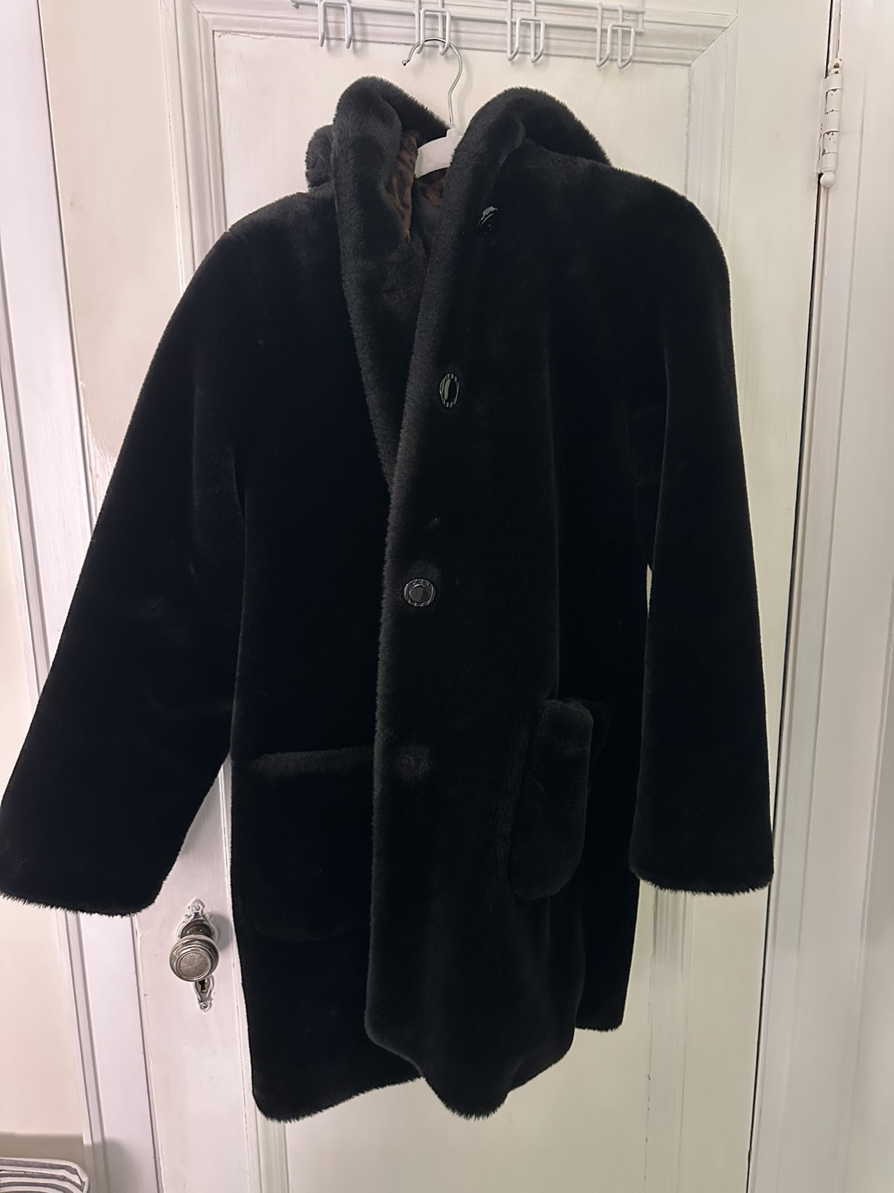 Black Faux Fur Coat with Leopard Print Hood - photo 2