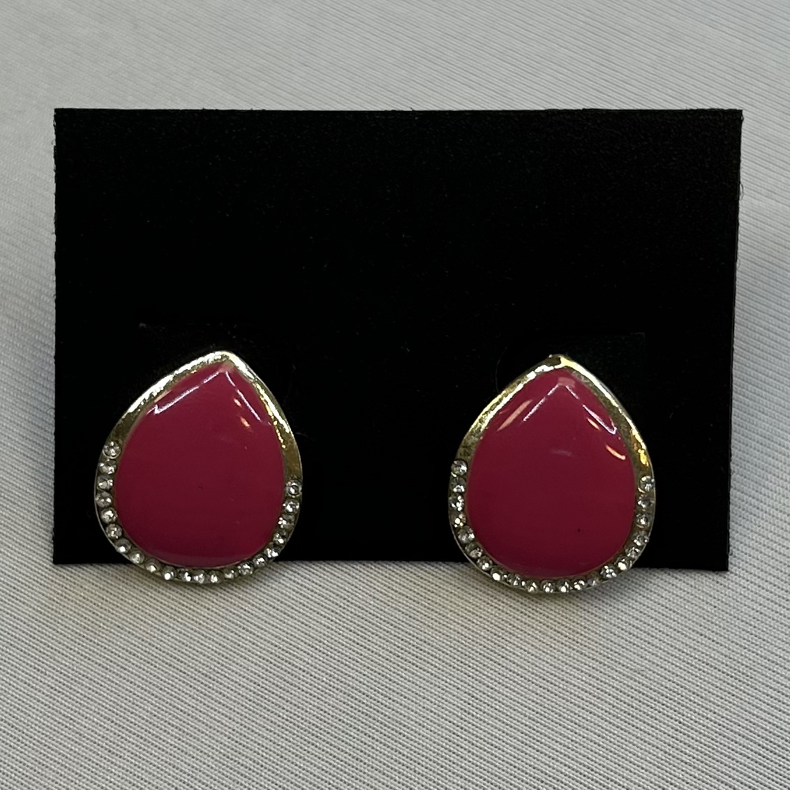 Vintage 90s Pink Enamel Gold Tone Teardrop Earrings Rhinestones