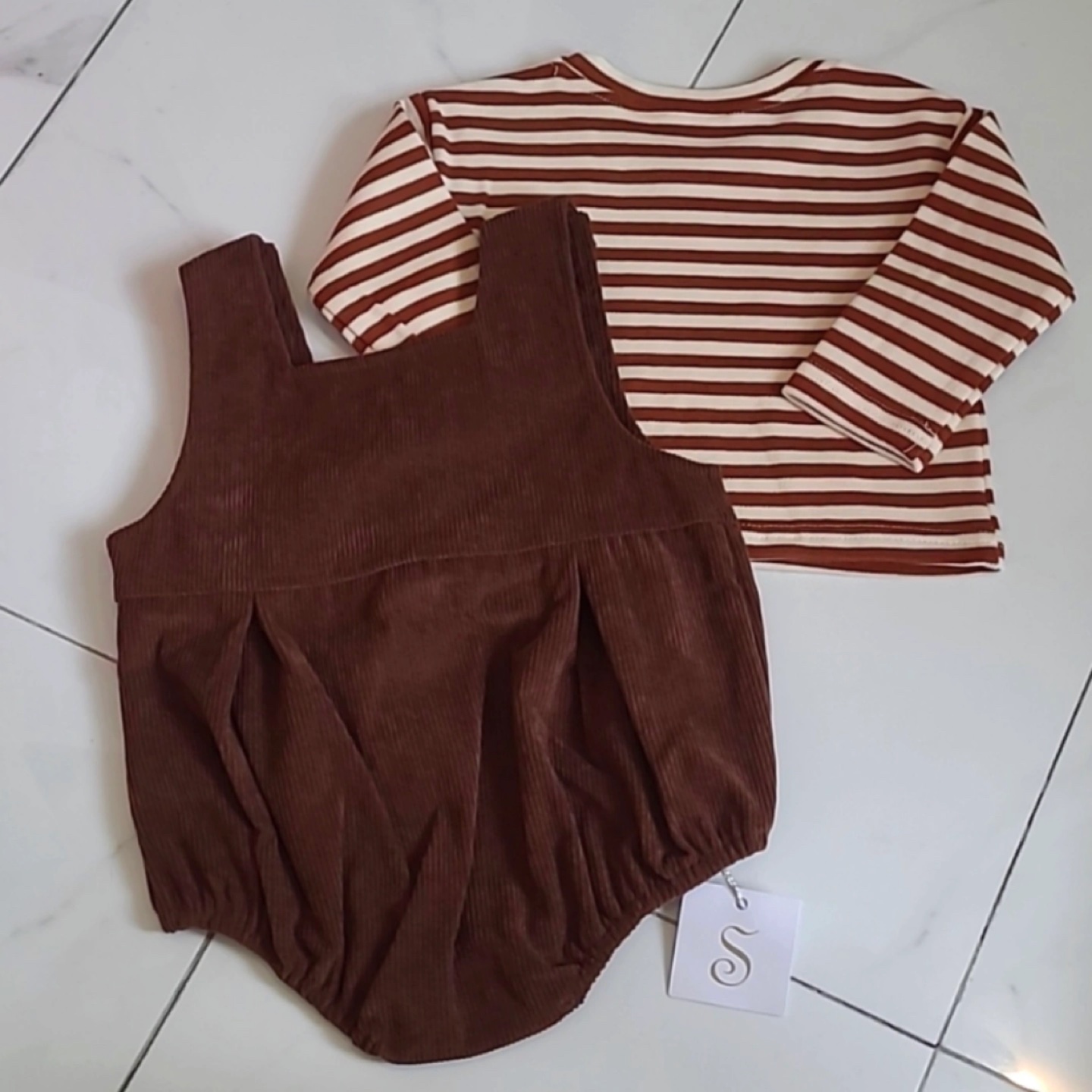 Brown Corduroy Baby Jumpsuit and Striped Shirt - photo 3