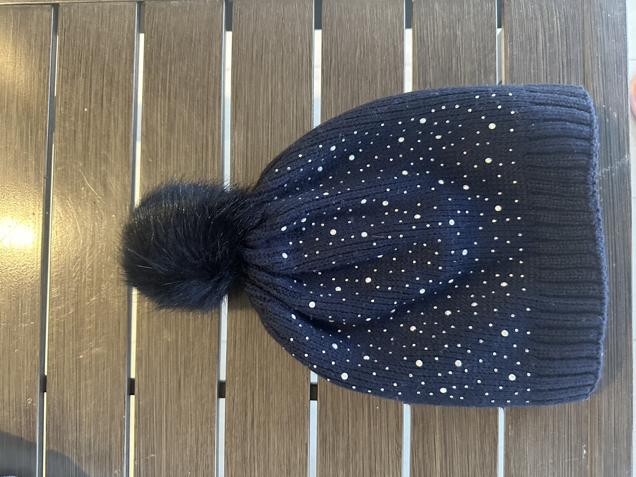 Blue Pom Pom Beanie with Rhinestones