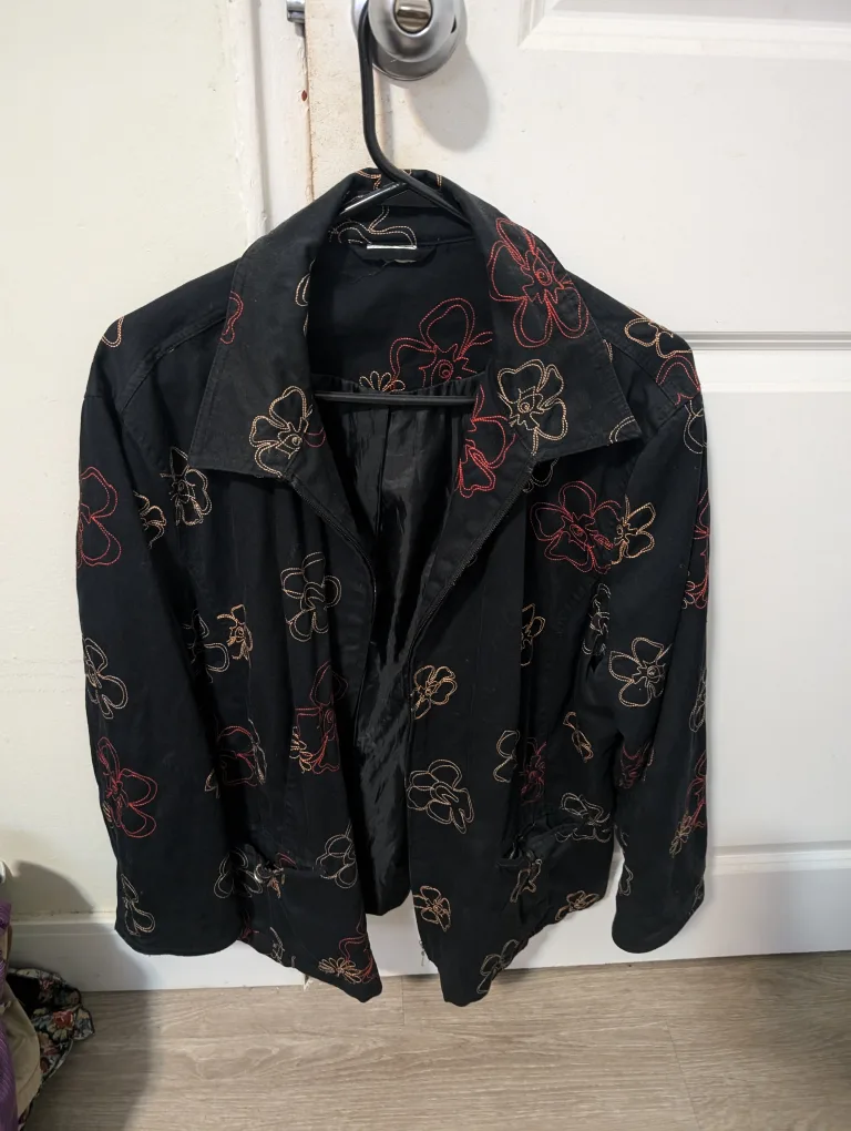 90s floral embroidery Black  Jacket - Fall