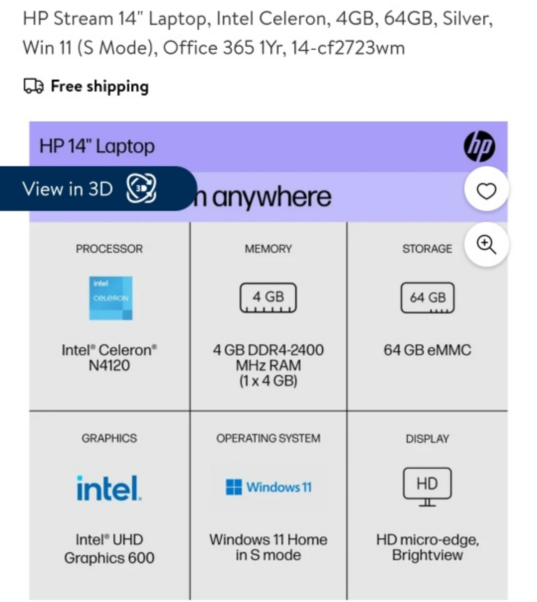 HP Stream 14 Laptop Intel Celeron 4GB 64GB Silver - photo 4