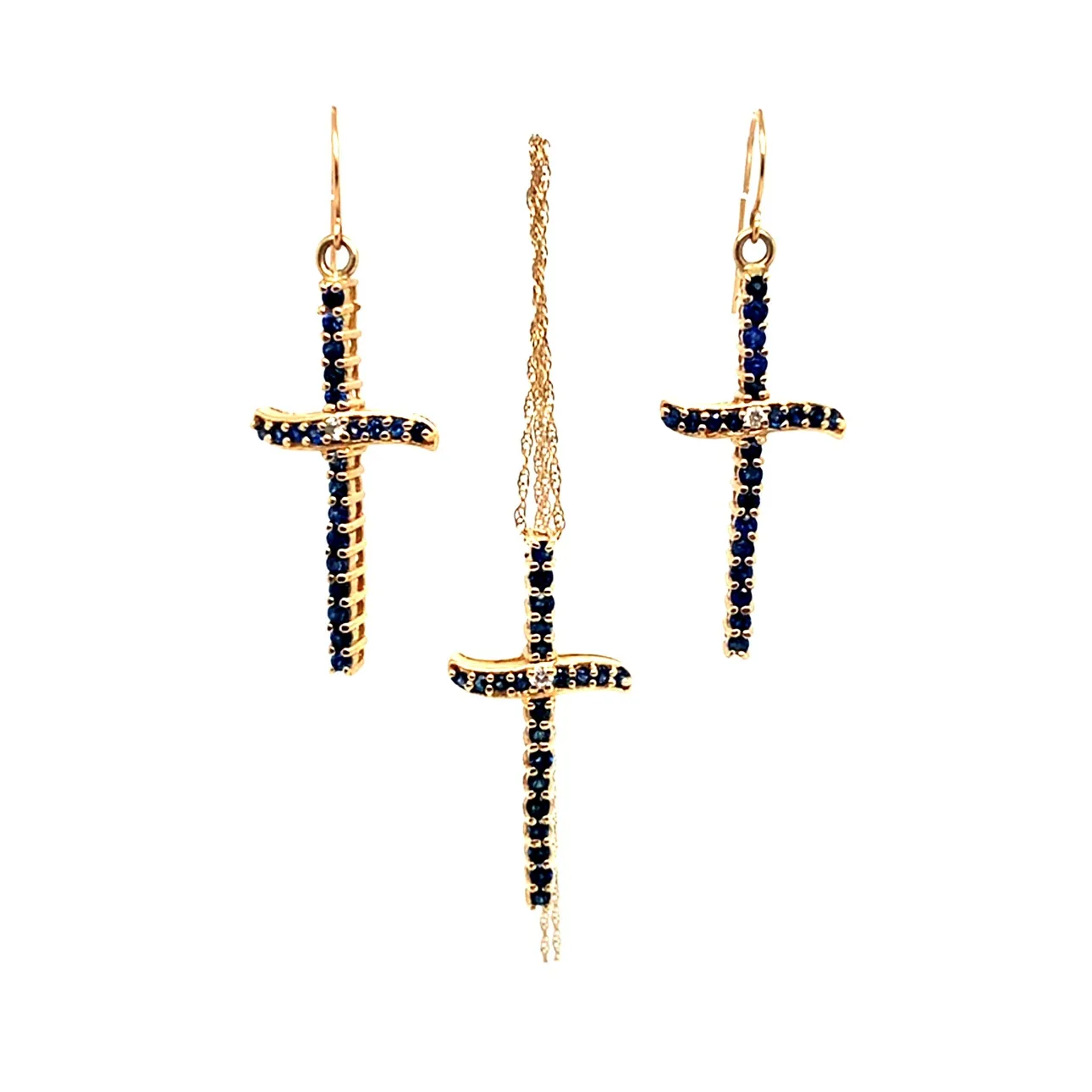 14K Gold Blue Sapphire & Diamond Cross Necklace and Earrings Set image indicator(2)