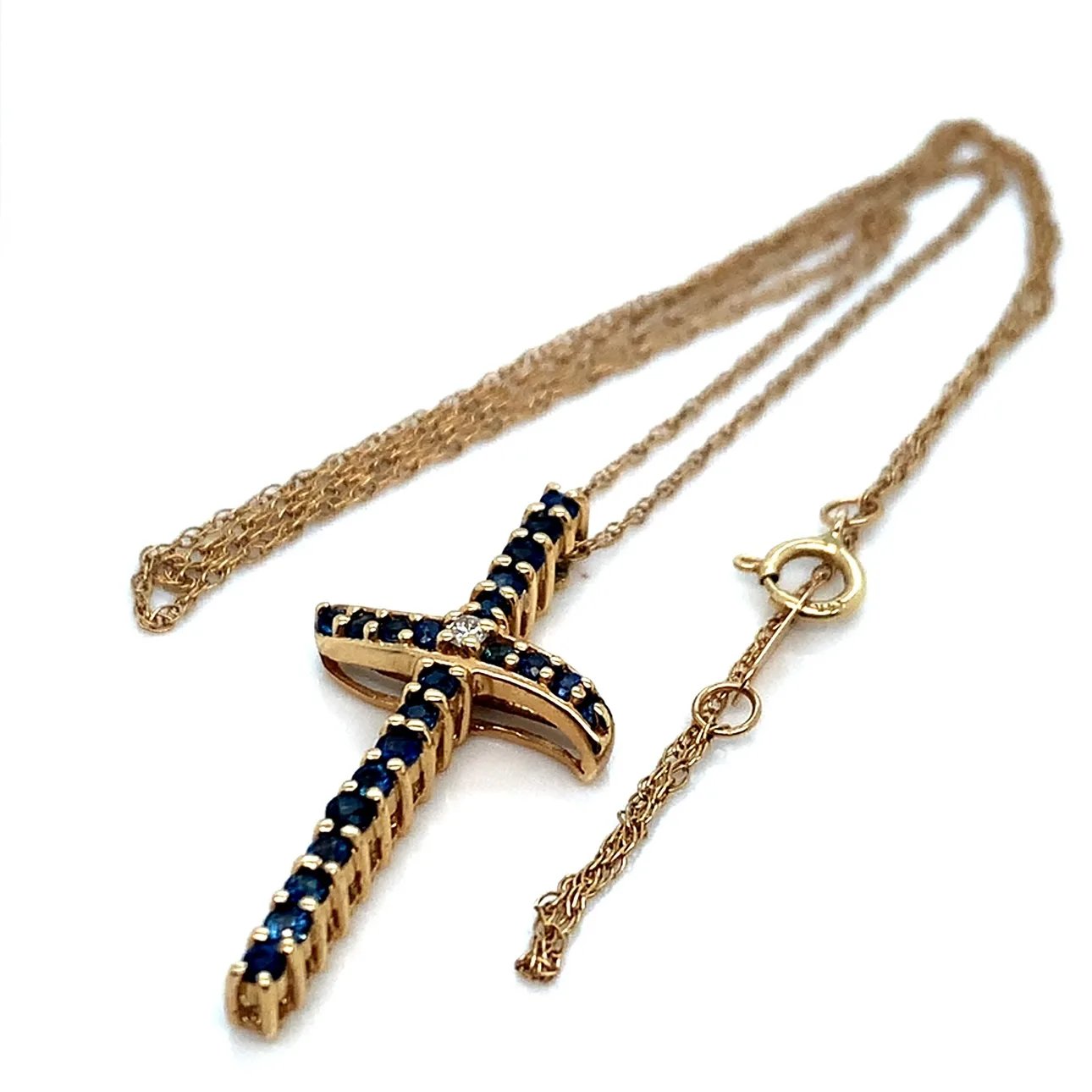 14K Gold Blue Sapphire & Diamond Cross Necklace and Earrings Set image indicator(8)