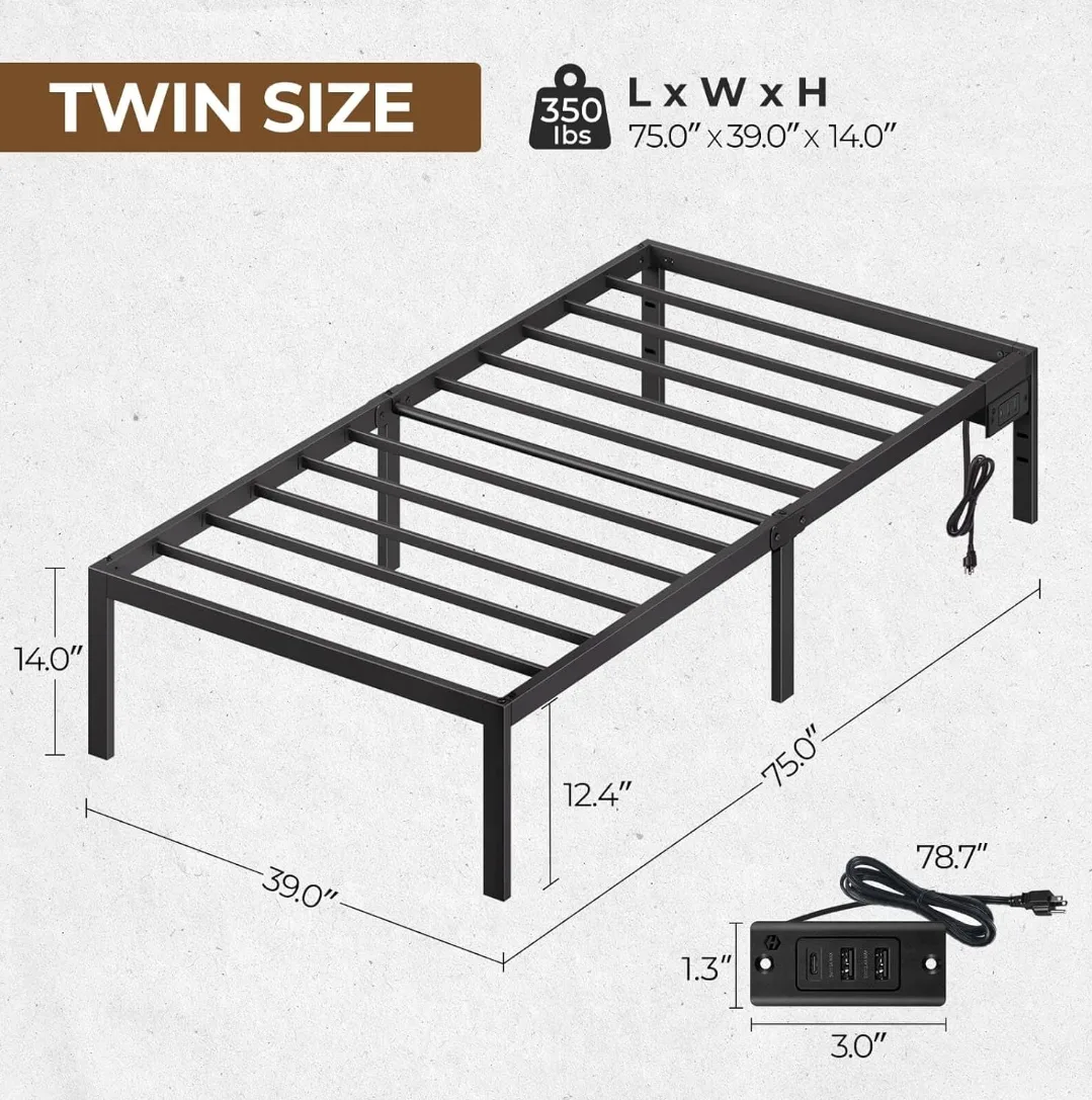 Twin Metal Bed Frame with Headboard and USB Outlets thumbnail