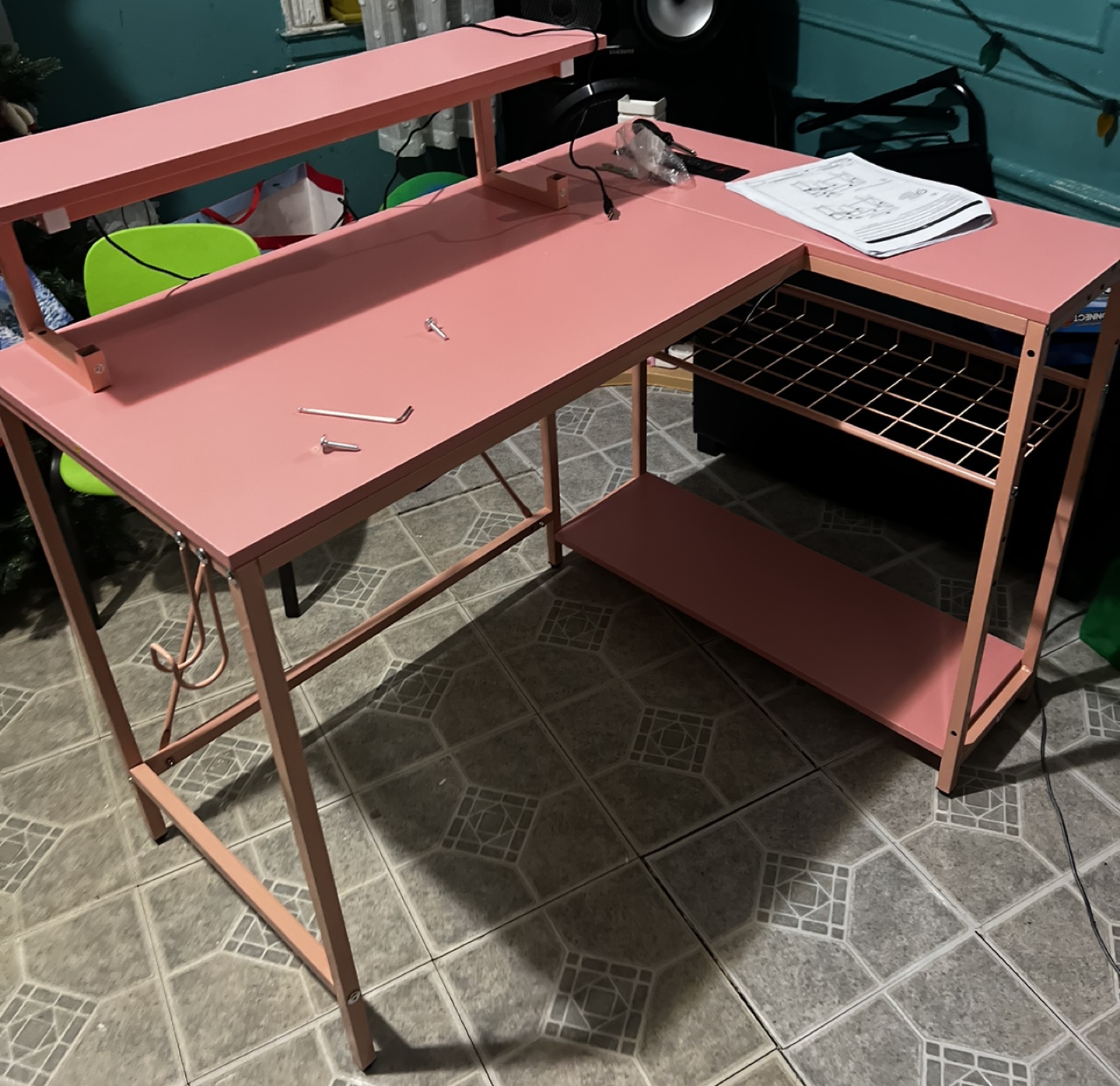 Pink L-shaped Desk with Shelf and Light with outlet