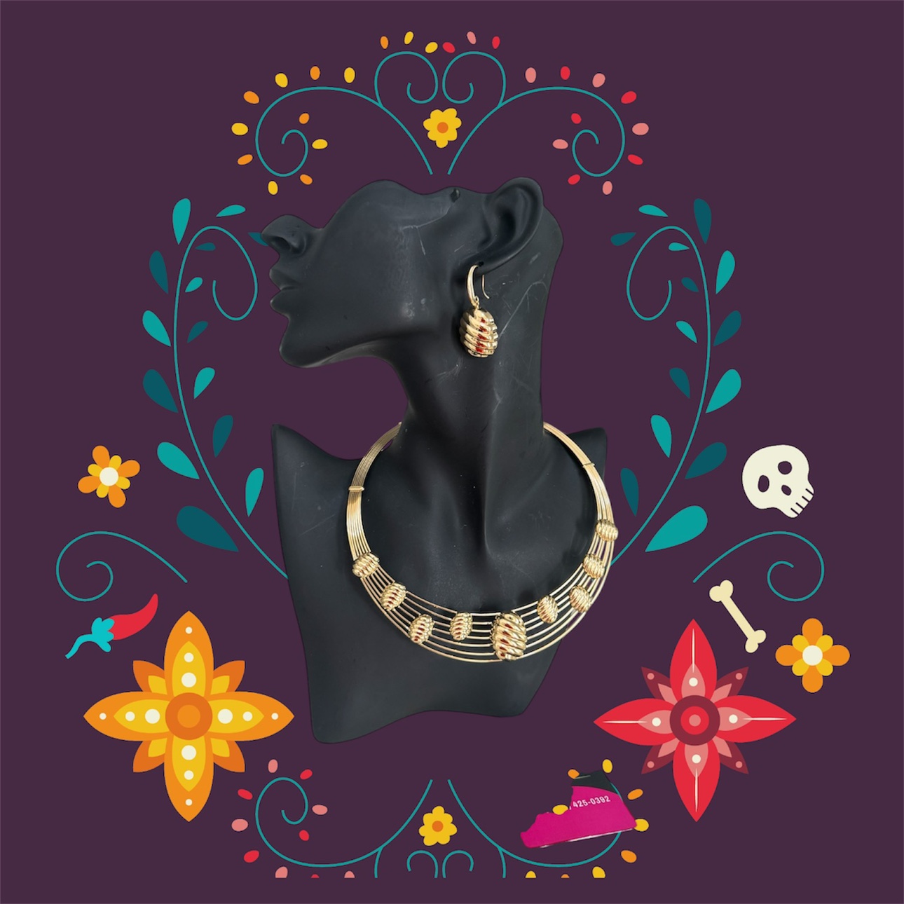 Gold Tone Statement Necklace and Earrings Set