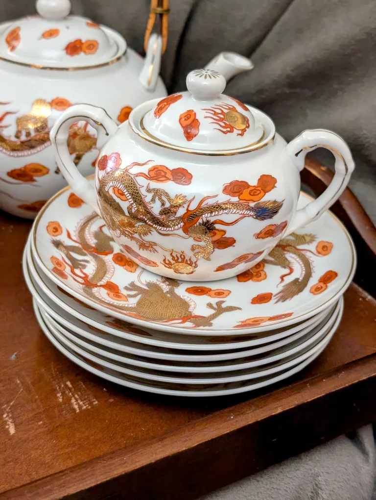 Vintage Dragonware Red and Gold Porcelain Tea Set image indicator(3)