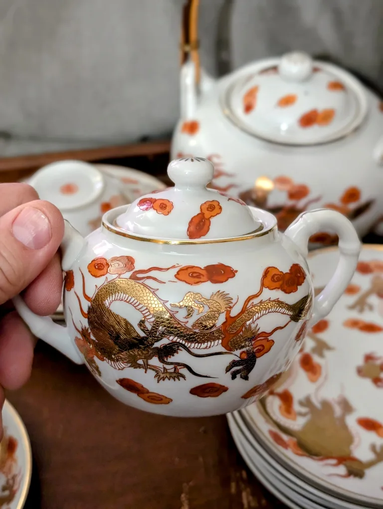 Vintage Dragonware Red and Gold Porcelain Tea Set image indicator(4)