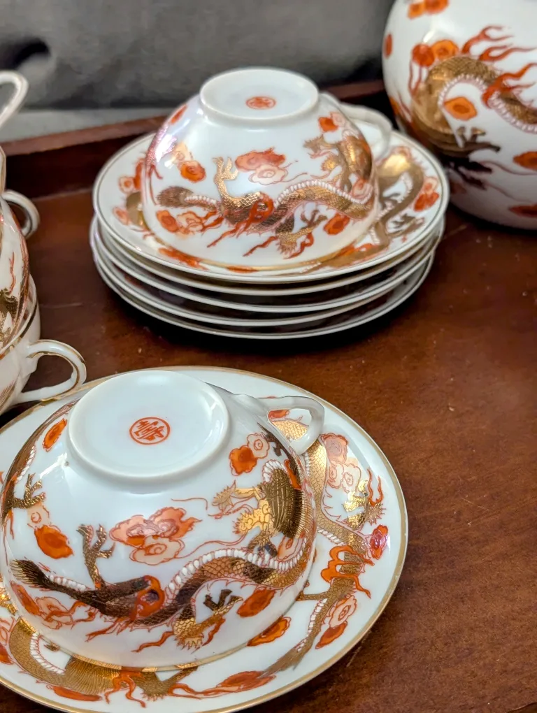 Vintage Dragonware Red and Gold Porcelain Tea Set image indicator(5)