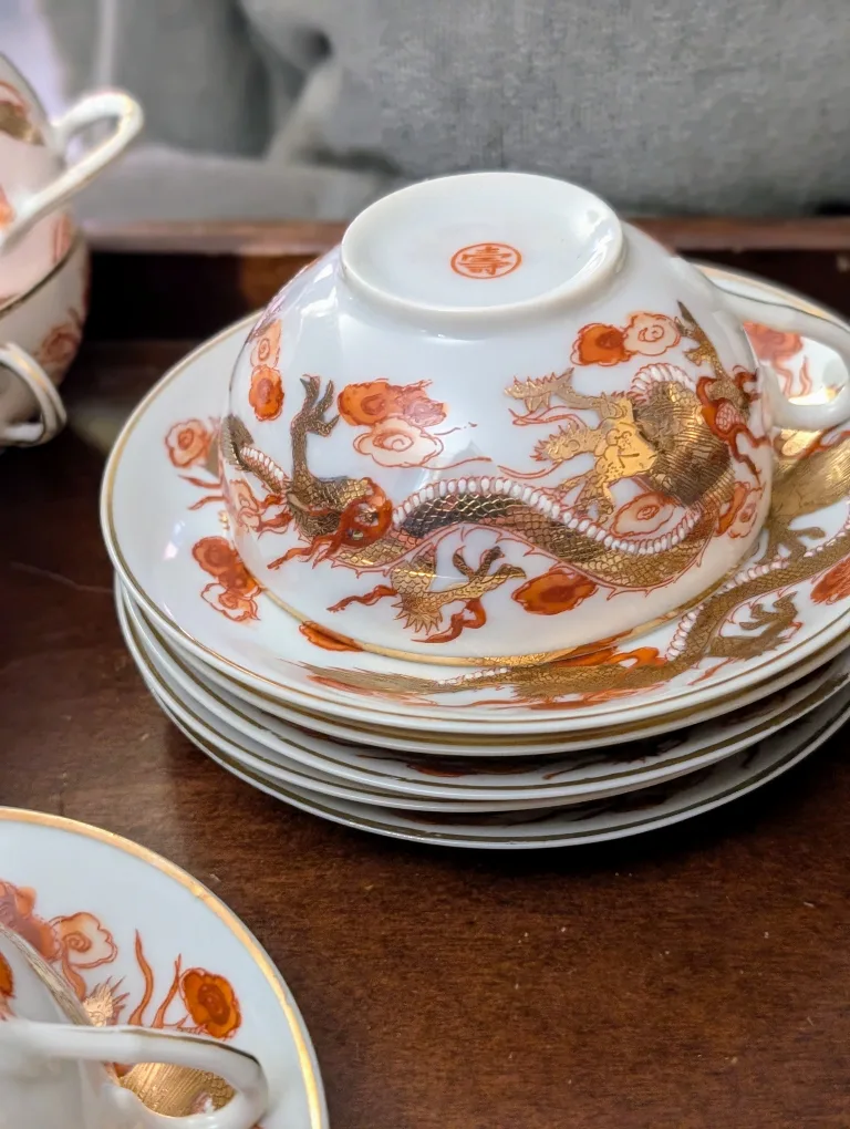 Vintage Dragonware Red and Gold Porcelain Tea Set image indicator(9)