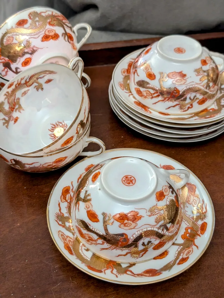 Vintage Dragonware Red and Gold Porcelain Tea Set image indicator(10)