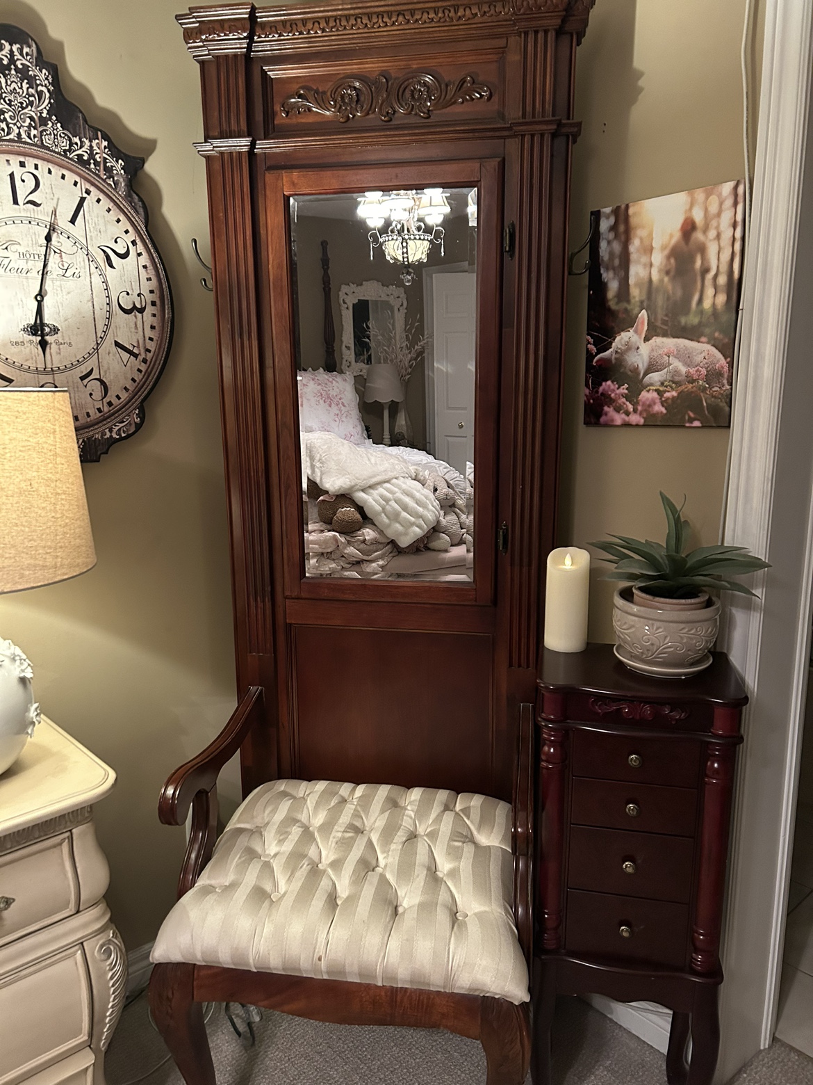Antique Wooden Hall Tree With Mirror