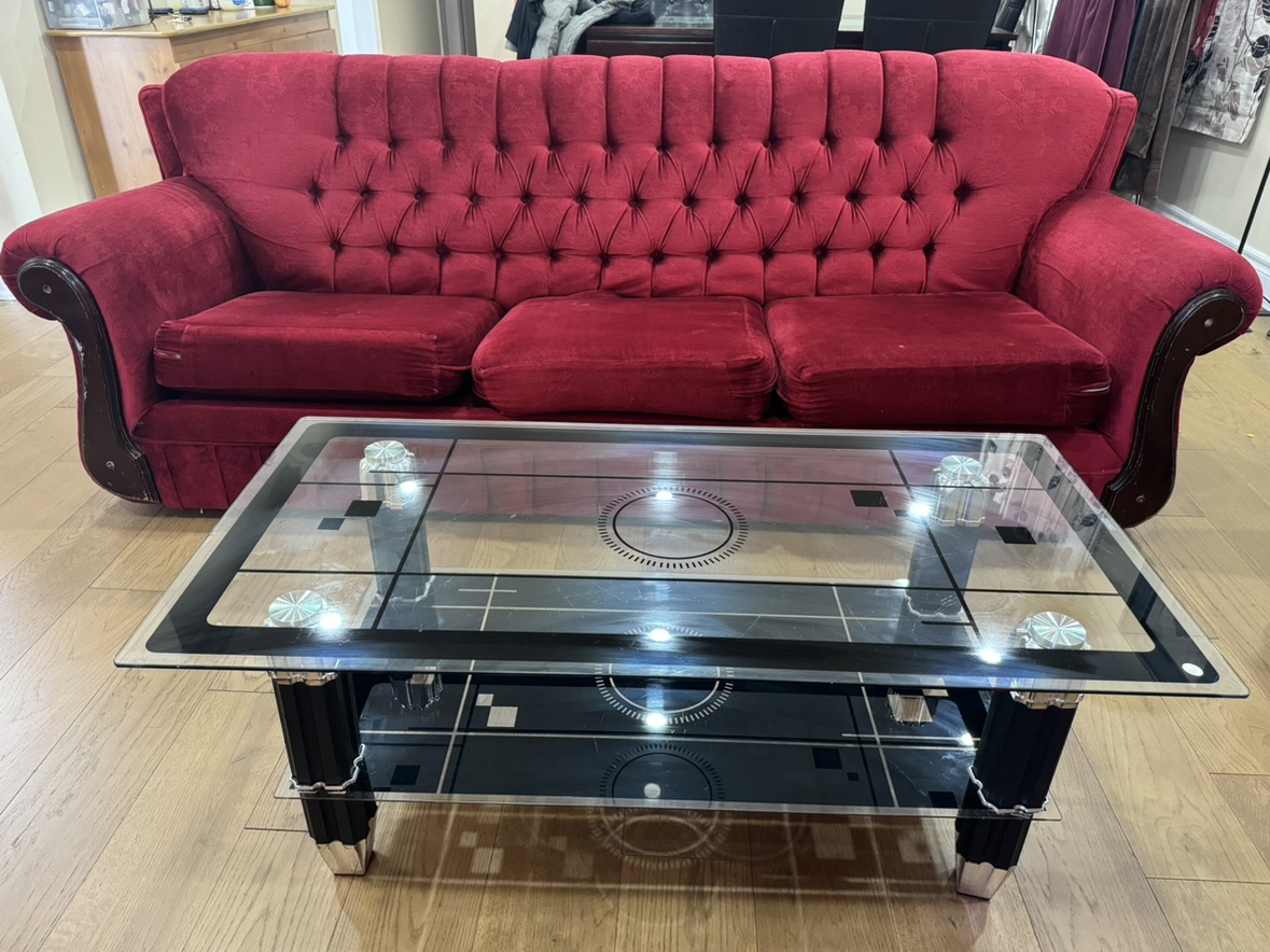 2 Red Velvet Sofa same size and Glass Coffee Table - photo 2