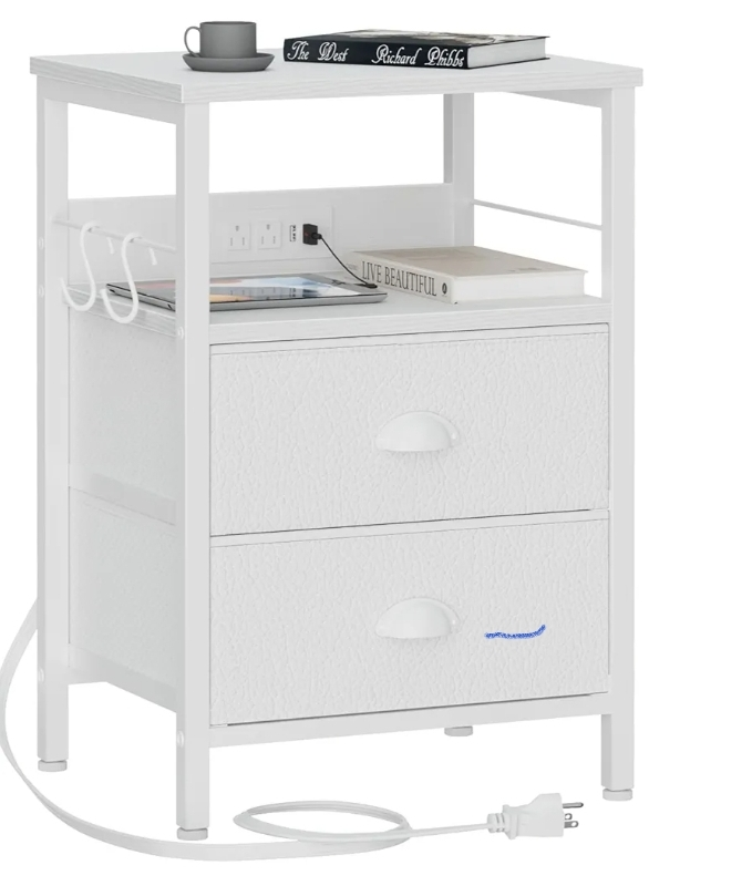 White Nightstand with Drawers and Outlets
