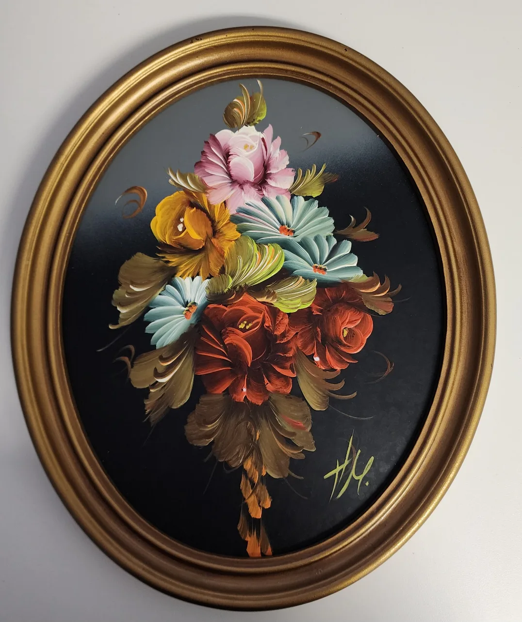 Vintage Oval Floral Oil Painting Gold Framed Art thumbnail