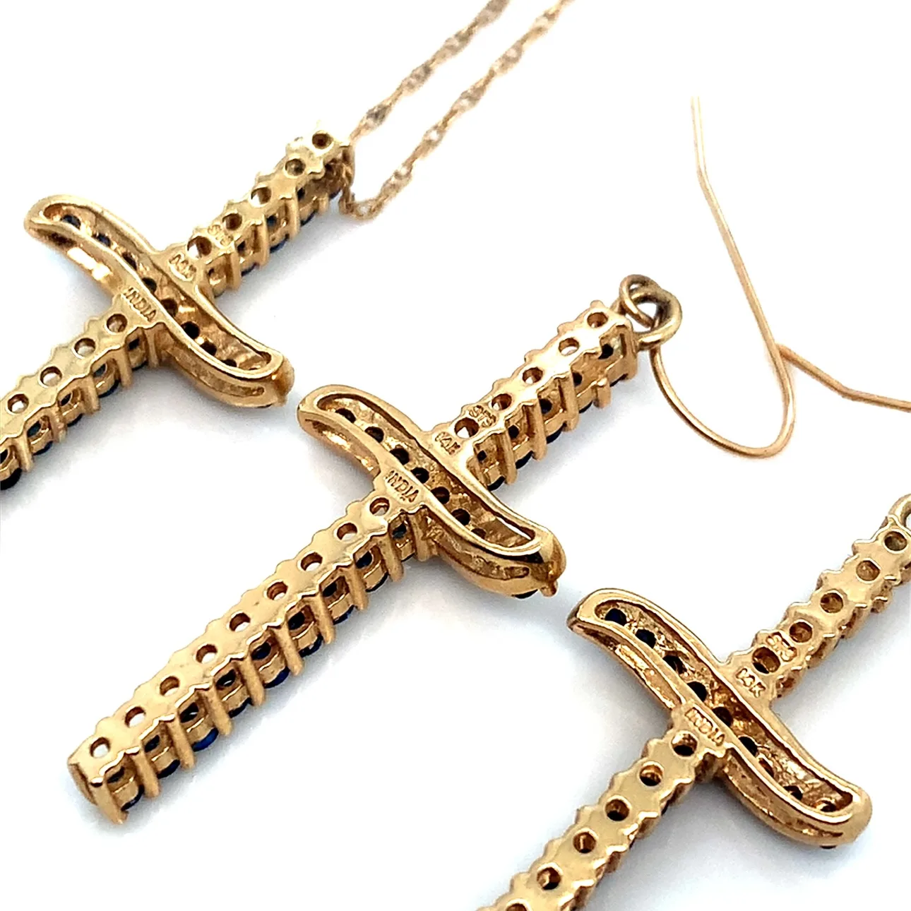 14K Gold Blue Sapphire & Diamond Cross Necklace and Earrings Set image indicator(3)