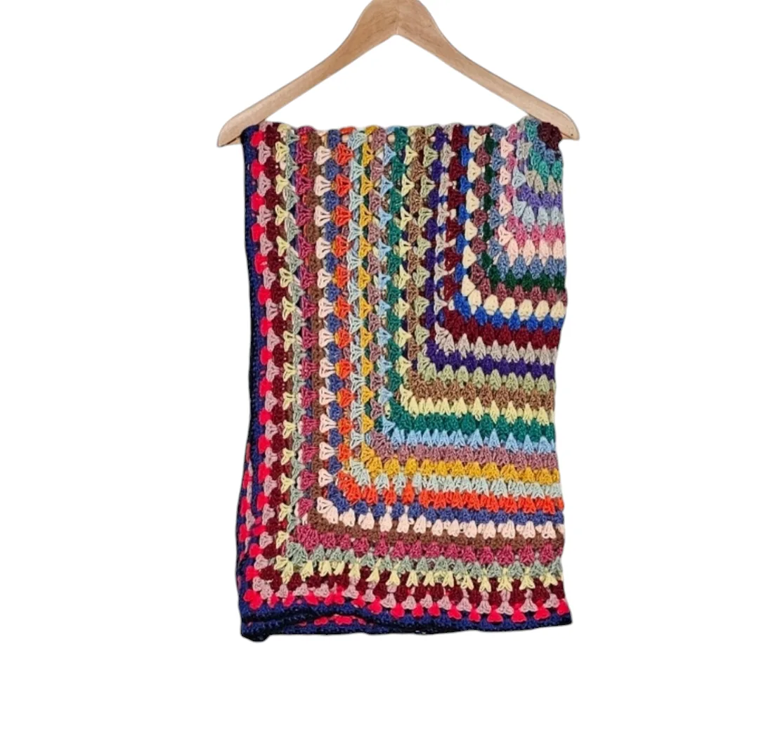 Vintage Handmade Rainbow Coloured Crochet Blanket image indicator(2)