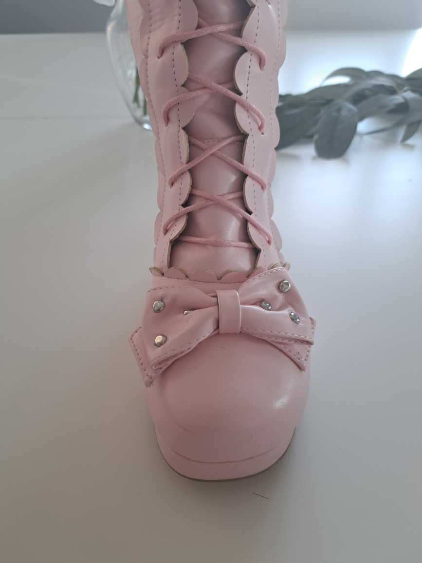 Pink Knee-High Boots with Bow and Fur Pom Pom - photo 4