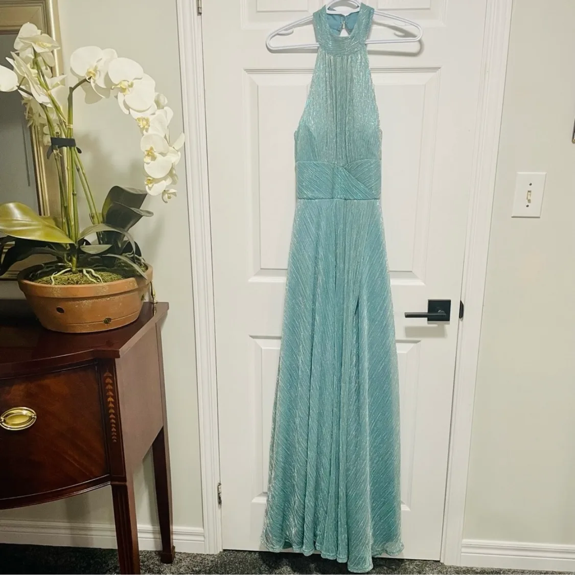 Aqua Blue Halter Neck Long Formal Dress image indicator(5)