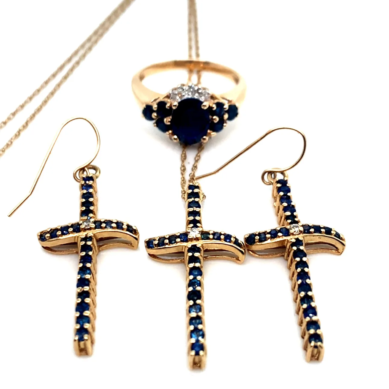 14K Gold Blue Sapphire & Diamond Cross Necklace and Earrings Set image indicator(9)