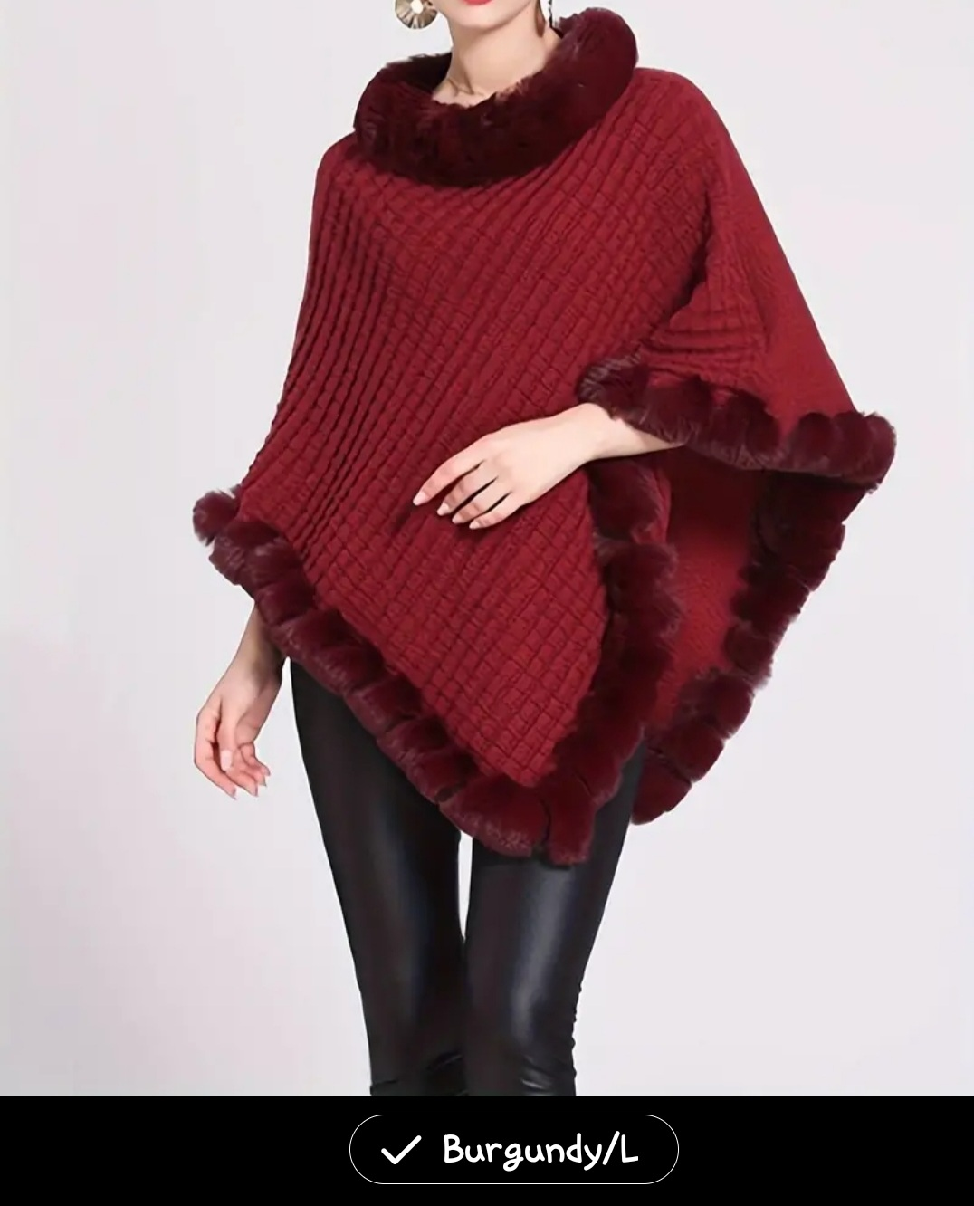 Burgundy Knit Poncho with Faux Fur Trim