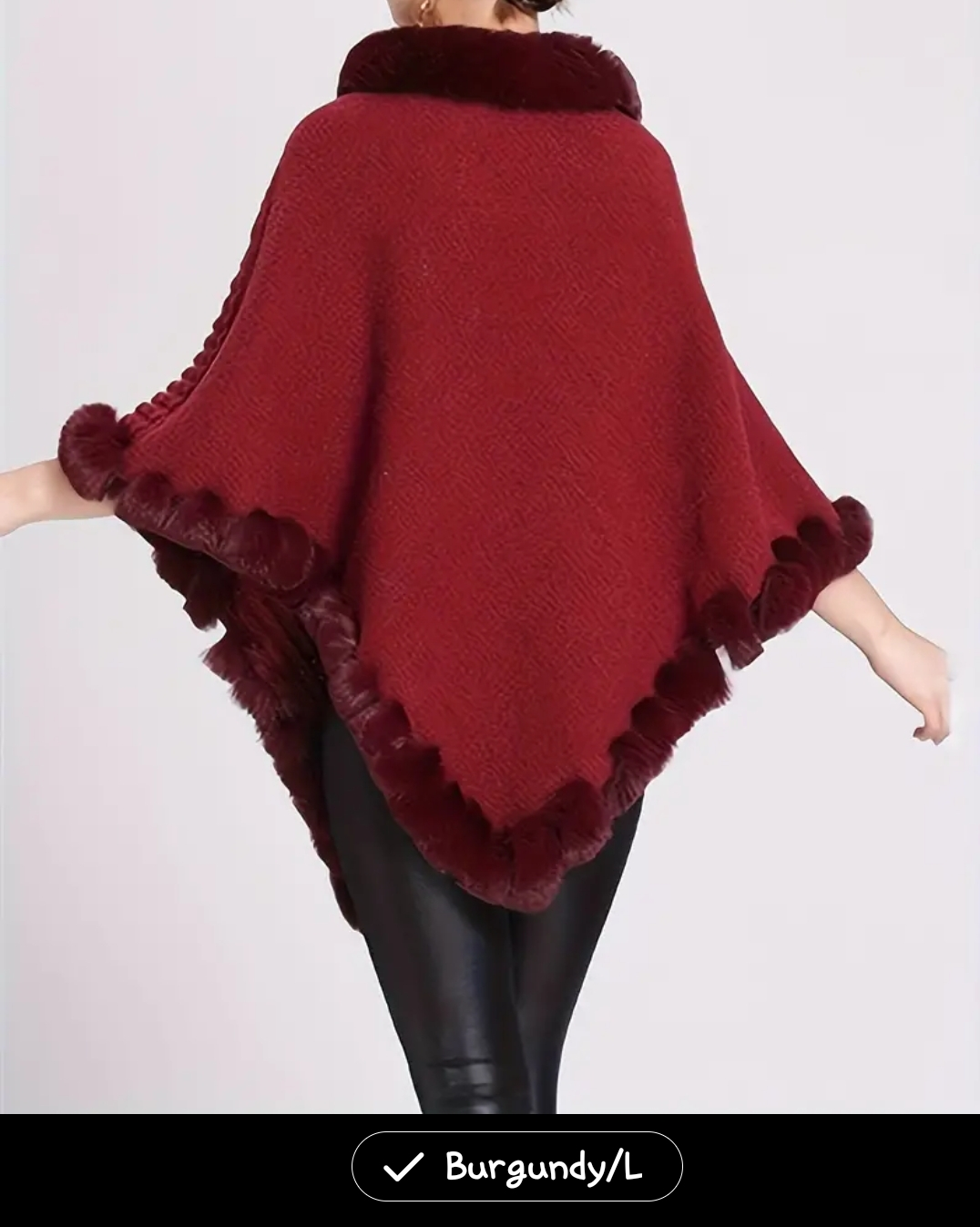 Burgundy Knit Poncho with Faux Fur Trim - photo 2
