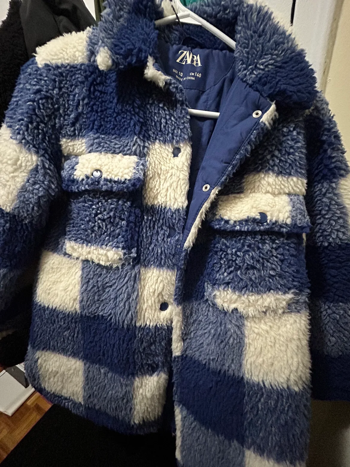 Zara Blue and White Checkered Fleece Jacket thumbnail
