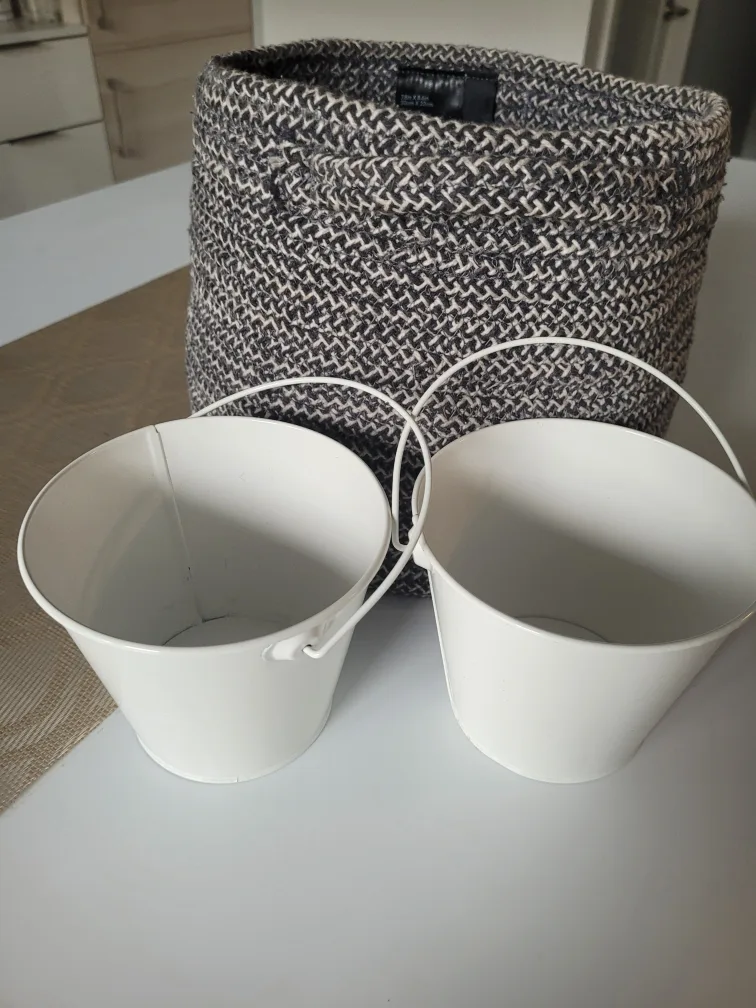 Grey and White Rope Basket with Two White Metal Buckets thumbnail