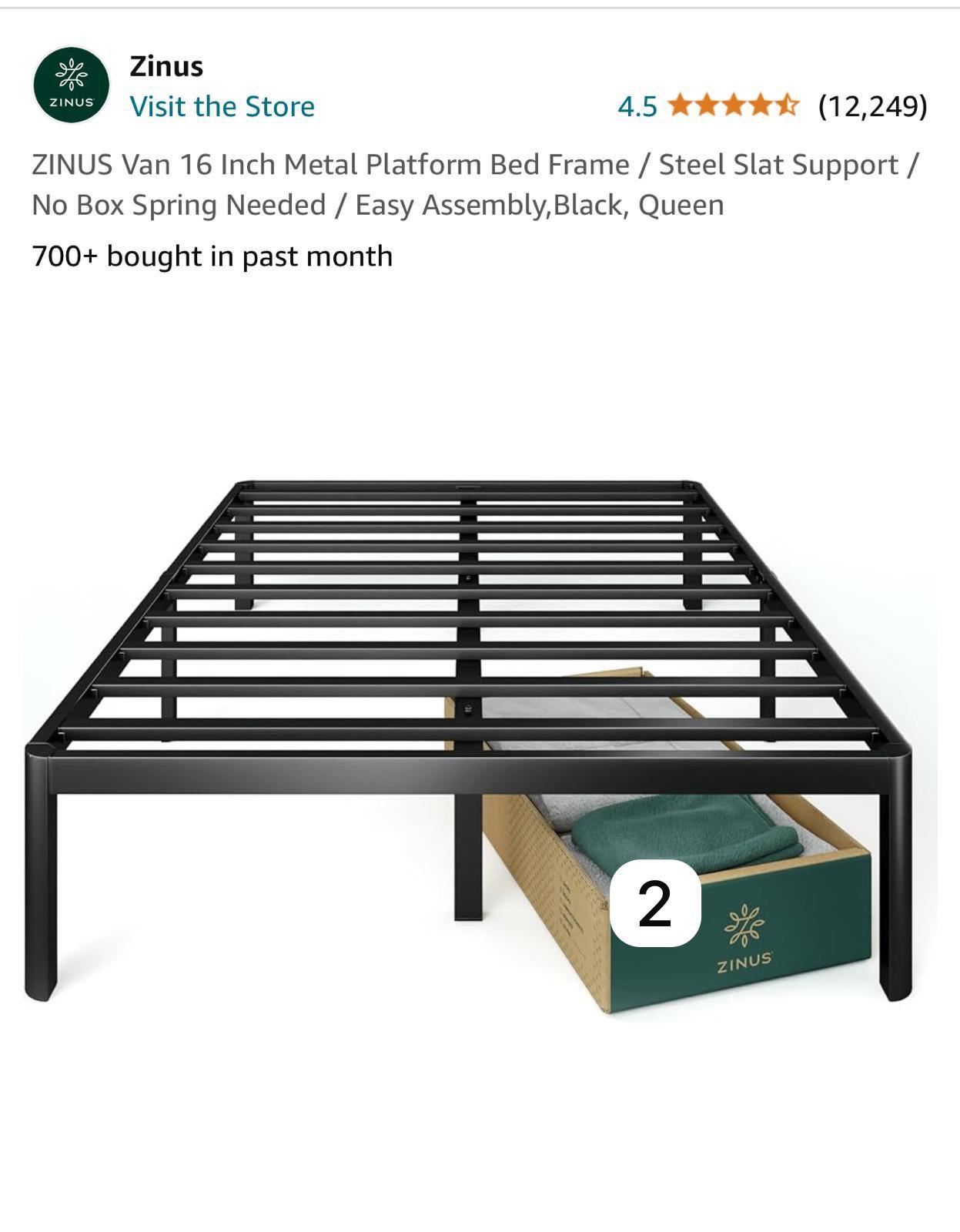 Zinus Van 16 Inch Metal Platform Bed Frame, Queen, Black