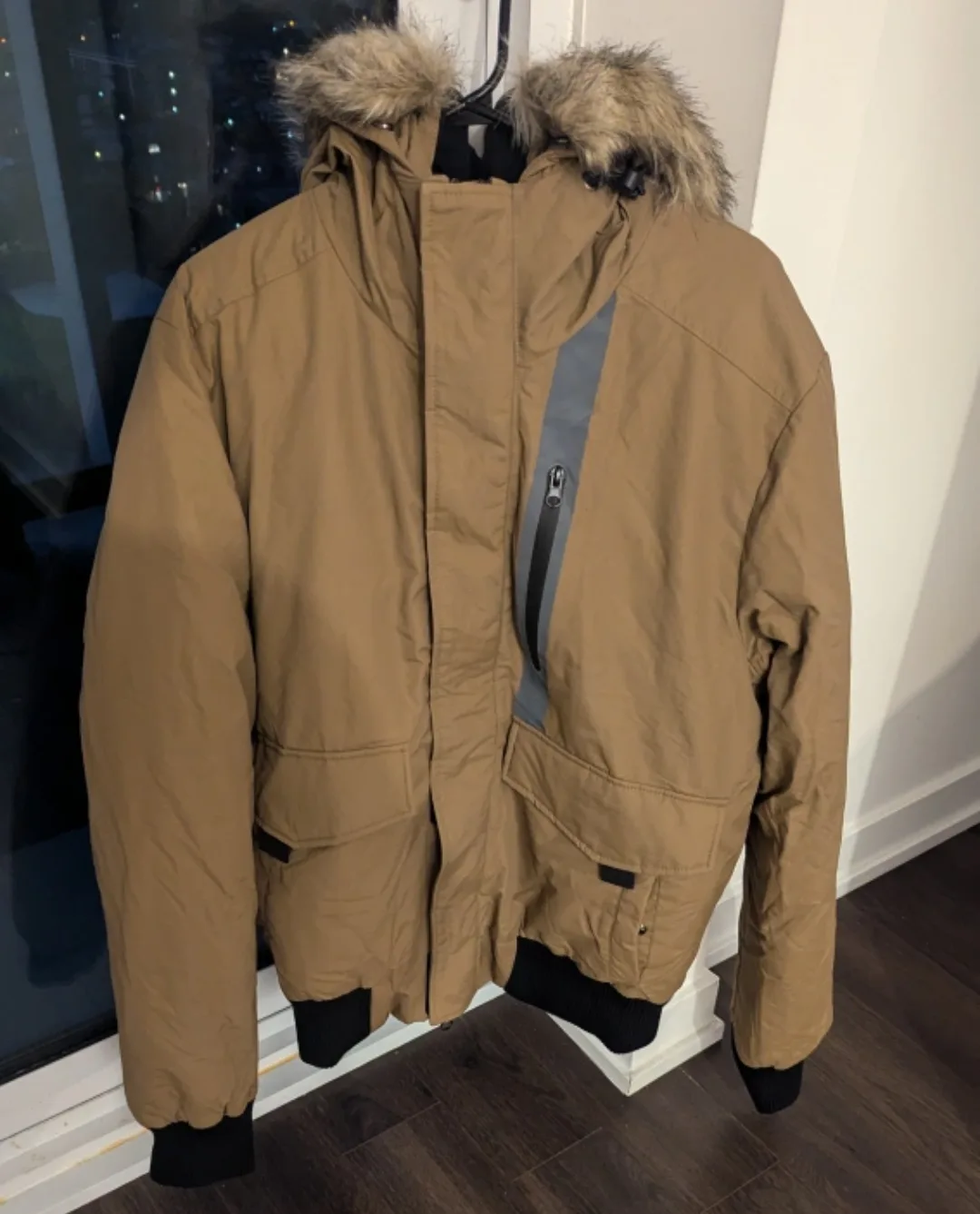 Men's Tan Winter Jacket with Faux Fur Hood thumbnail