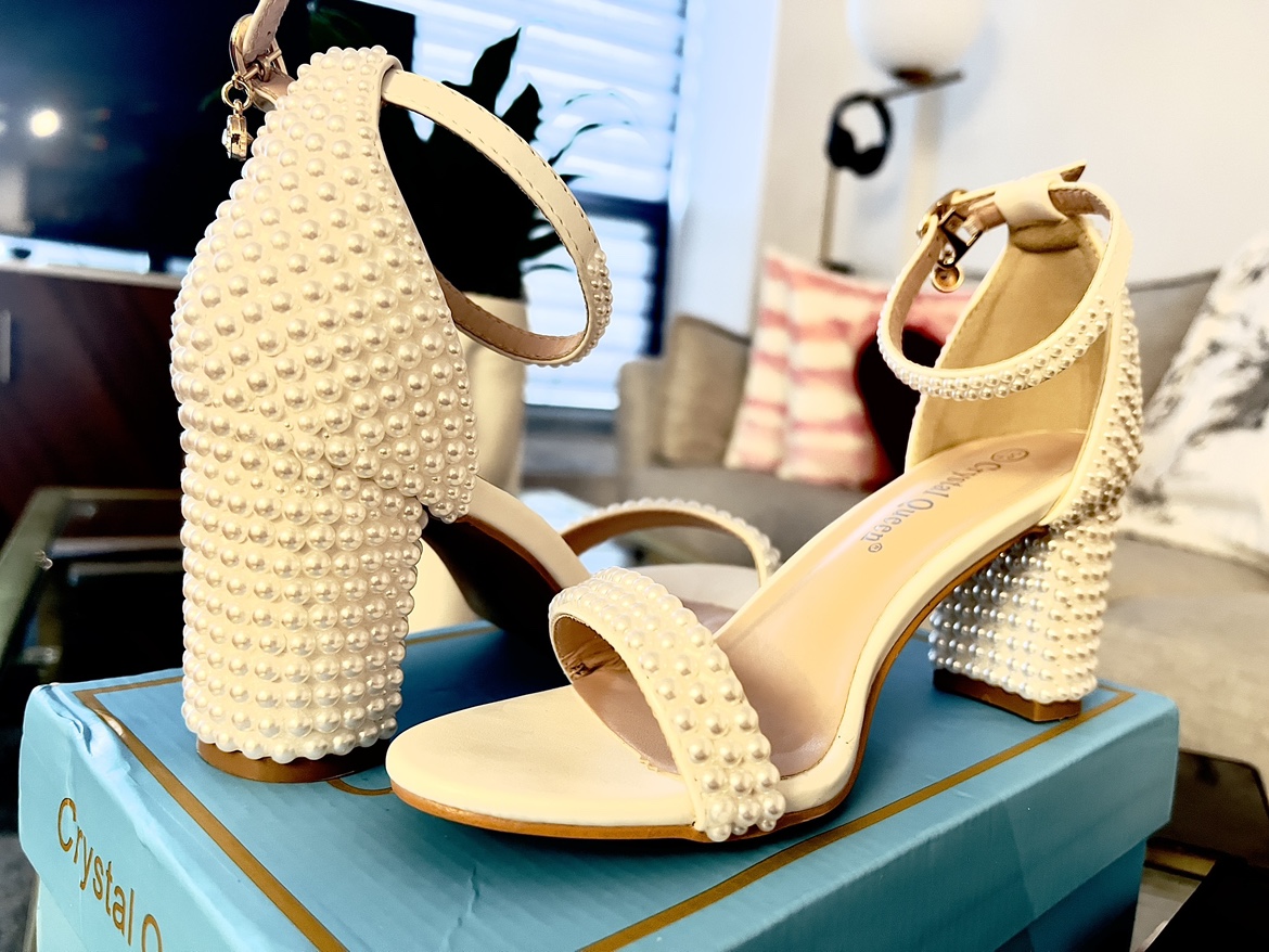 White Pearl Block Heel Sandals