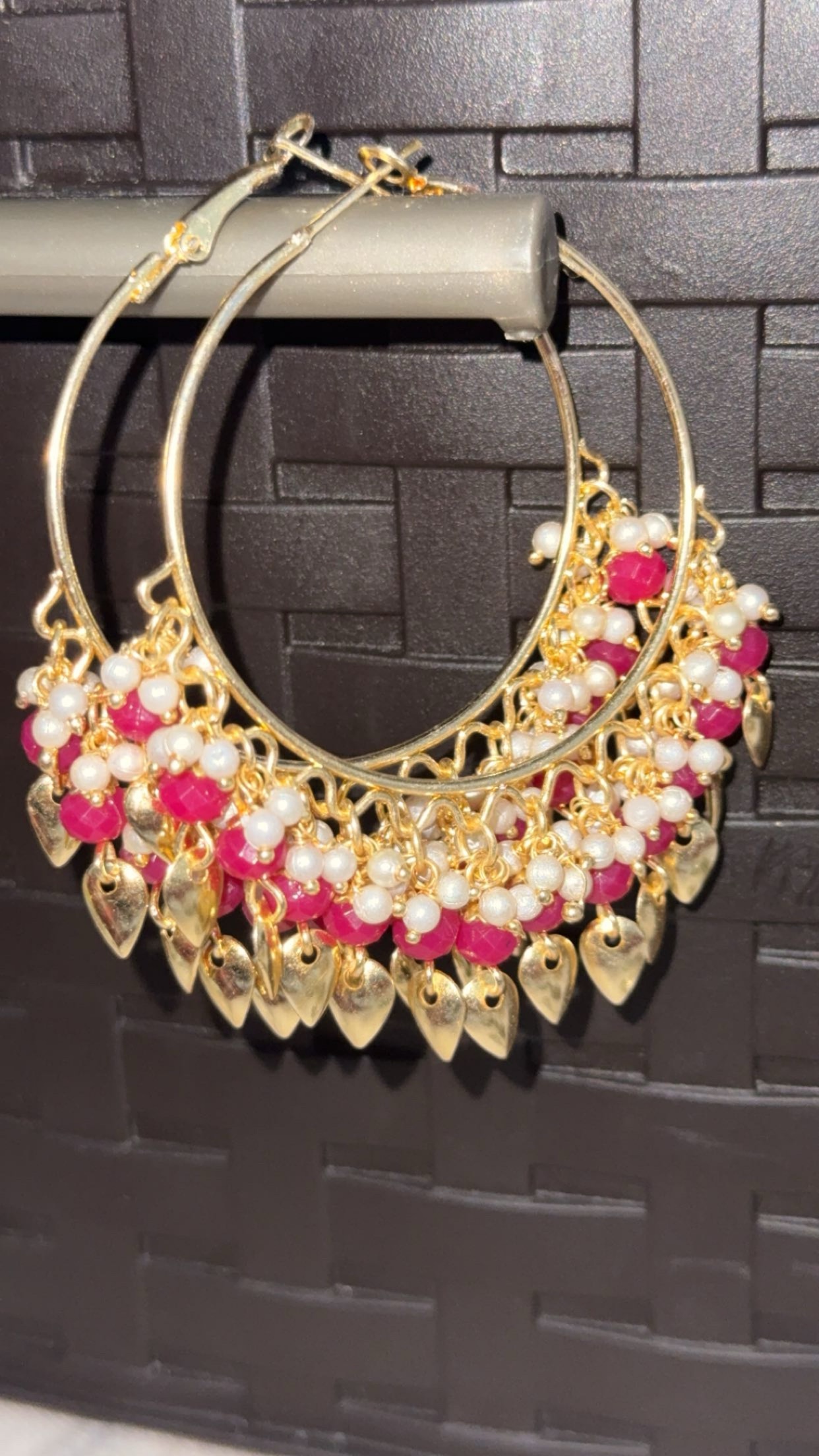 Gold Hoop Earrings with Pink Beads and Charms