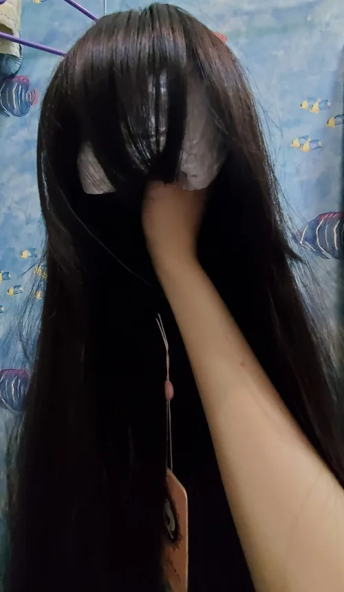 Black-brown synthetic wig with fringe image indicator(6)