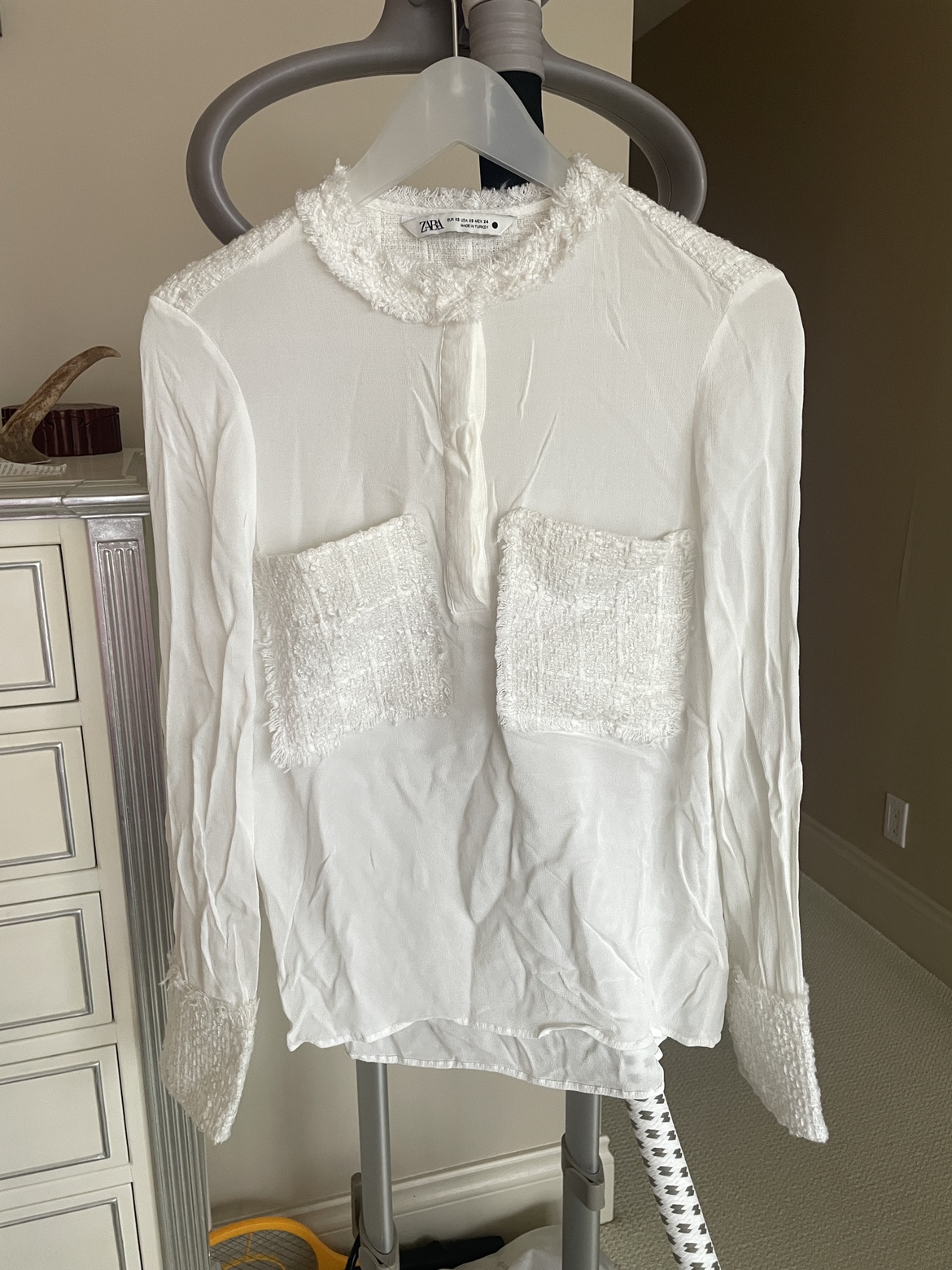 Zara White Blouse with Tweed Detail