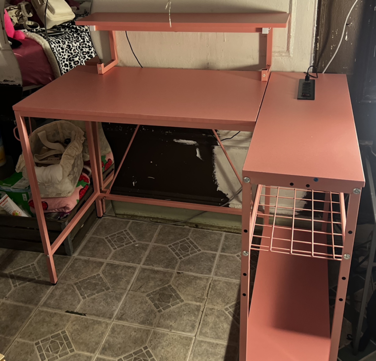 Pink L-shaped Desk with Shelf and Light with outlet - photo 2