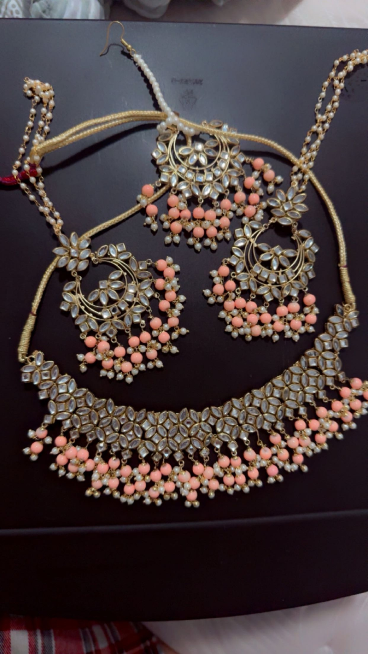 Gold Necklace Set with Peach Beads