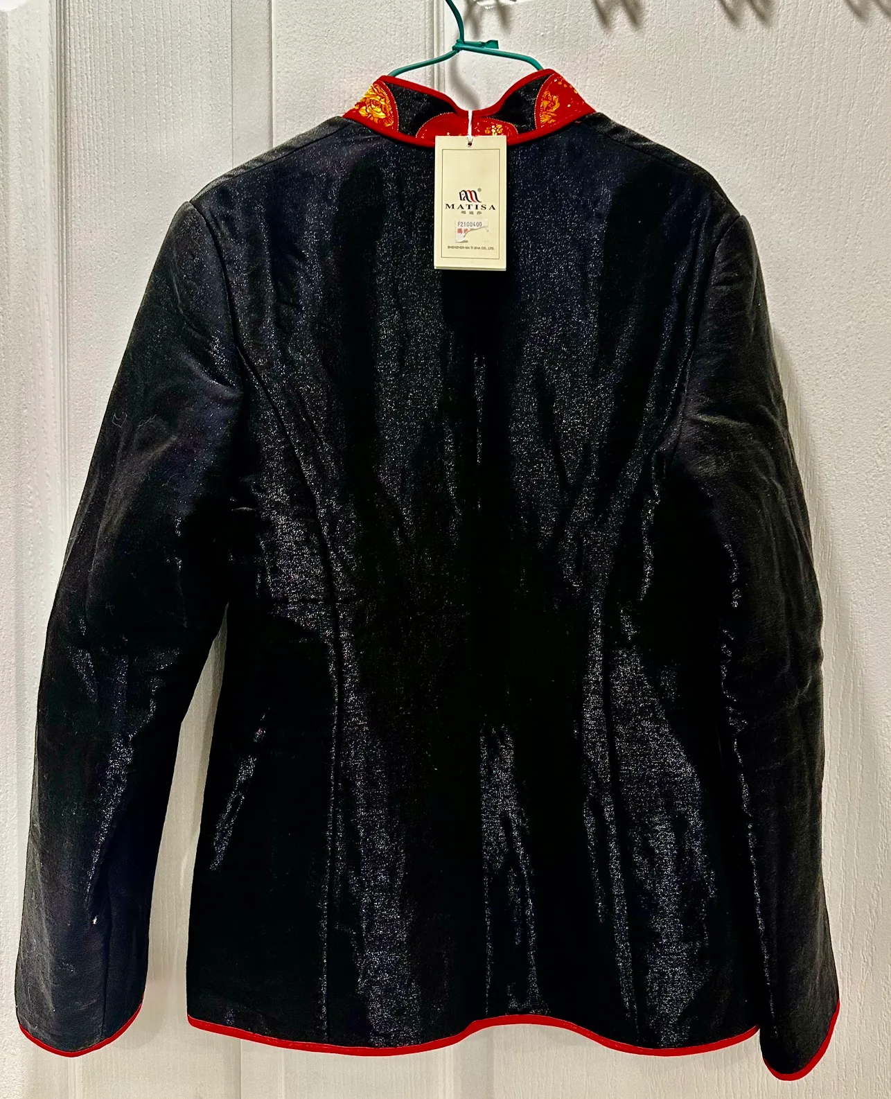 Black Pure Shinny Silk Mandarin Collar Jacket image indicator(2)
