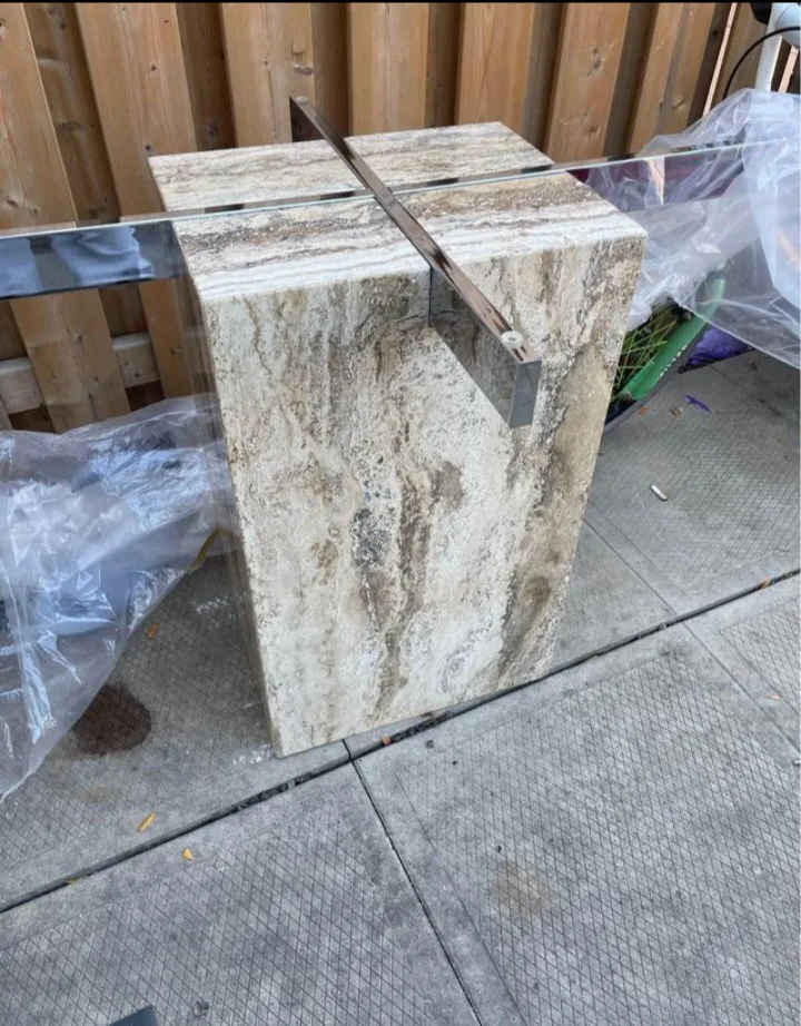 Travertine Base Glass Top Mid-Century Modern Side Table image indicator(2)