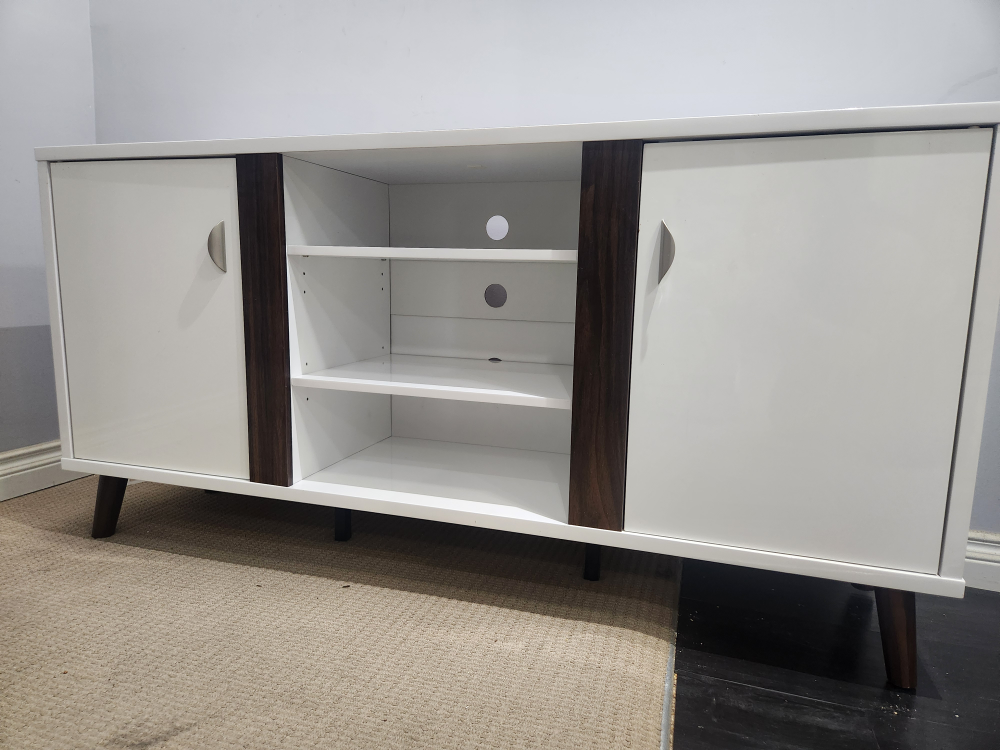 White TV Stand with Brown Accents