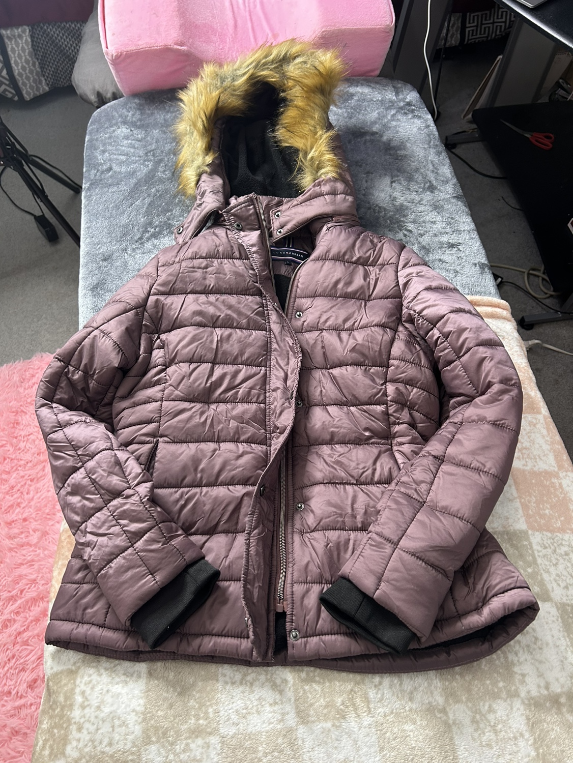 Brown Puffer Jacket with Faux Fur Hood $40
