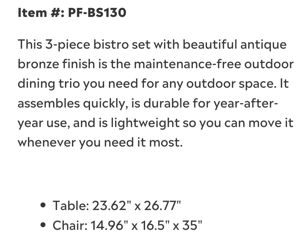 Patioflare 3 PC Die Cast Aluminum Bistro Set - photo 4