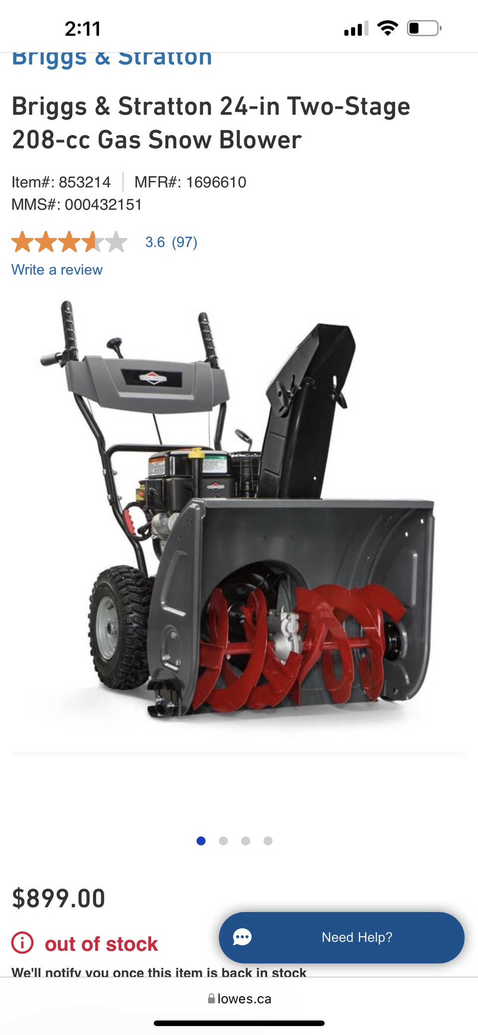 Briggs & Stratton 24" Two Stage Snow Blower