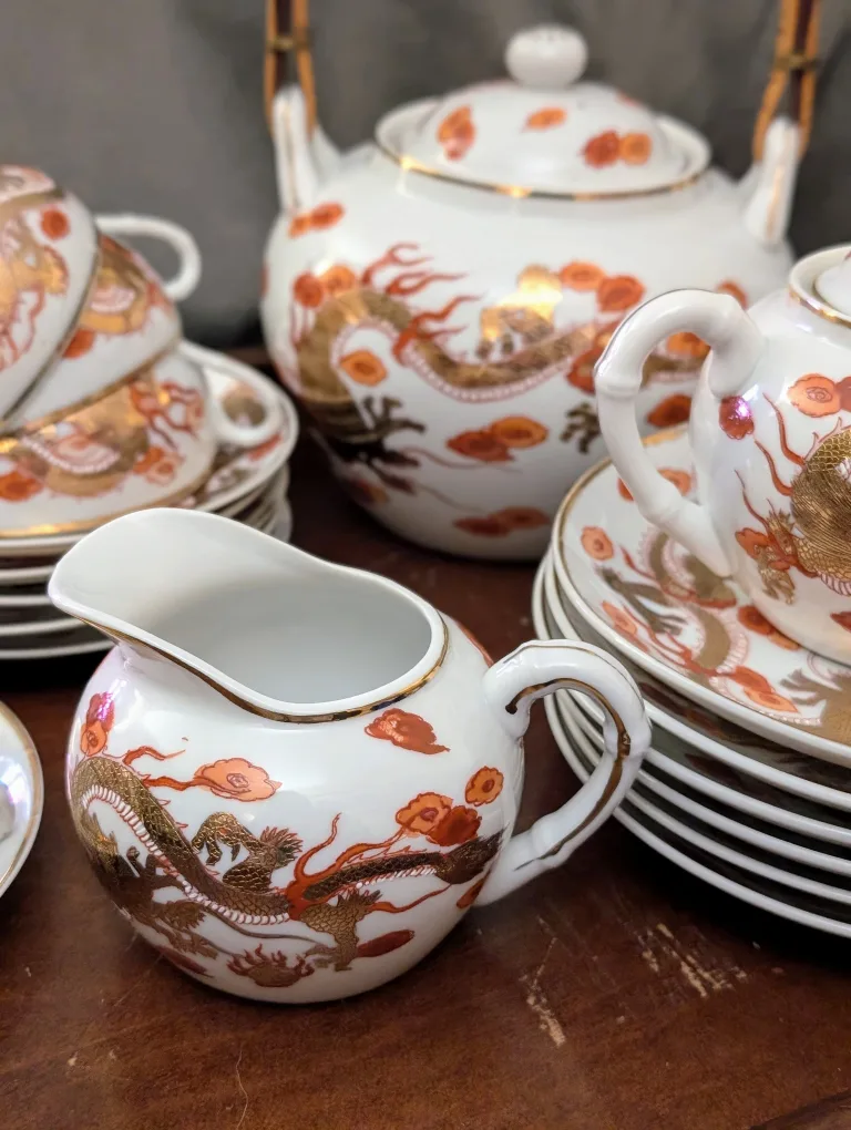 Vintage Dragonware Red and Gold Porcelain Tea Set image indicator(2)