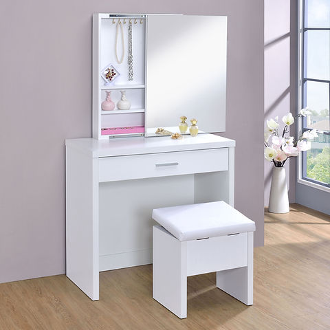 White Vanity Set with Sliding Mirror and Stool