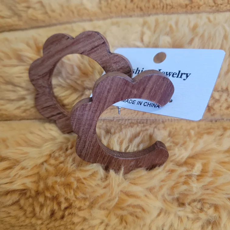 Wooden Flower Hoop Earrings thumbnail