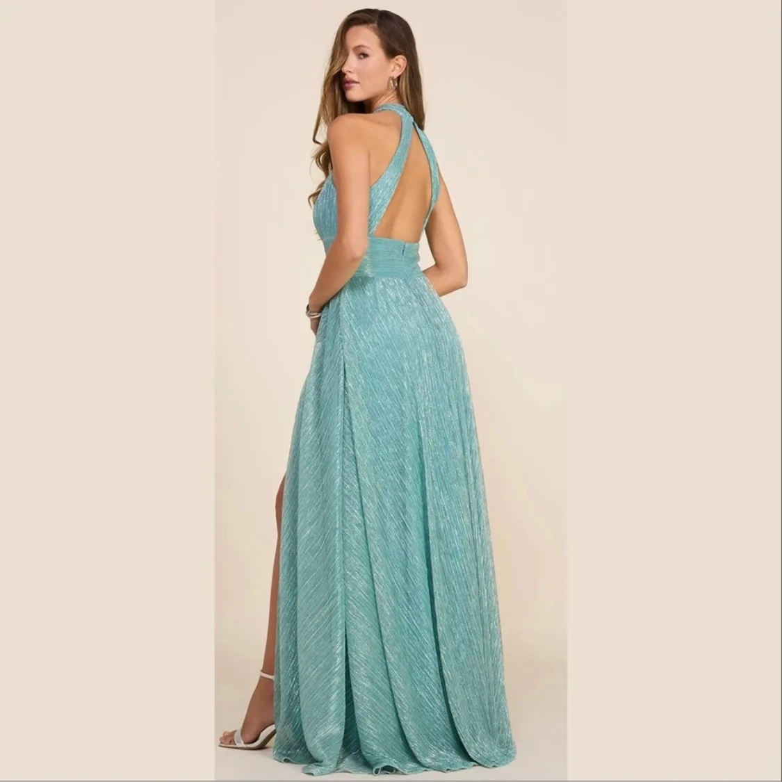 Aqua Blue Halter Neck Long Formal Dress image indicator(2)