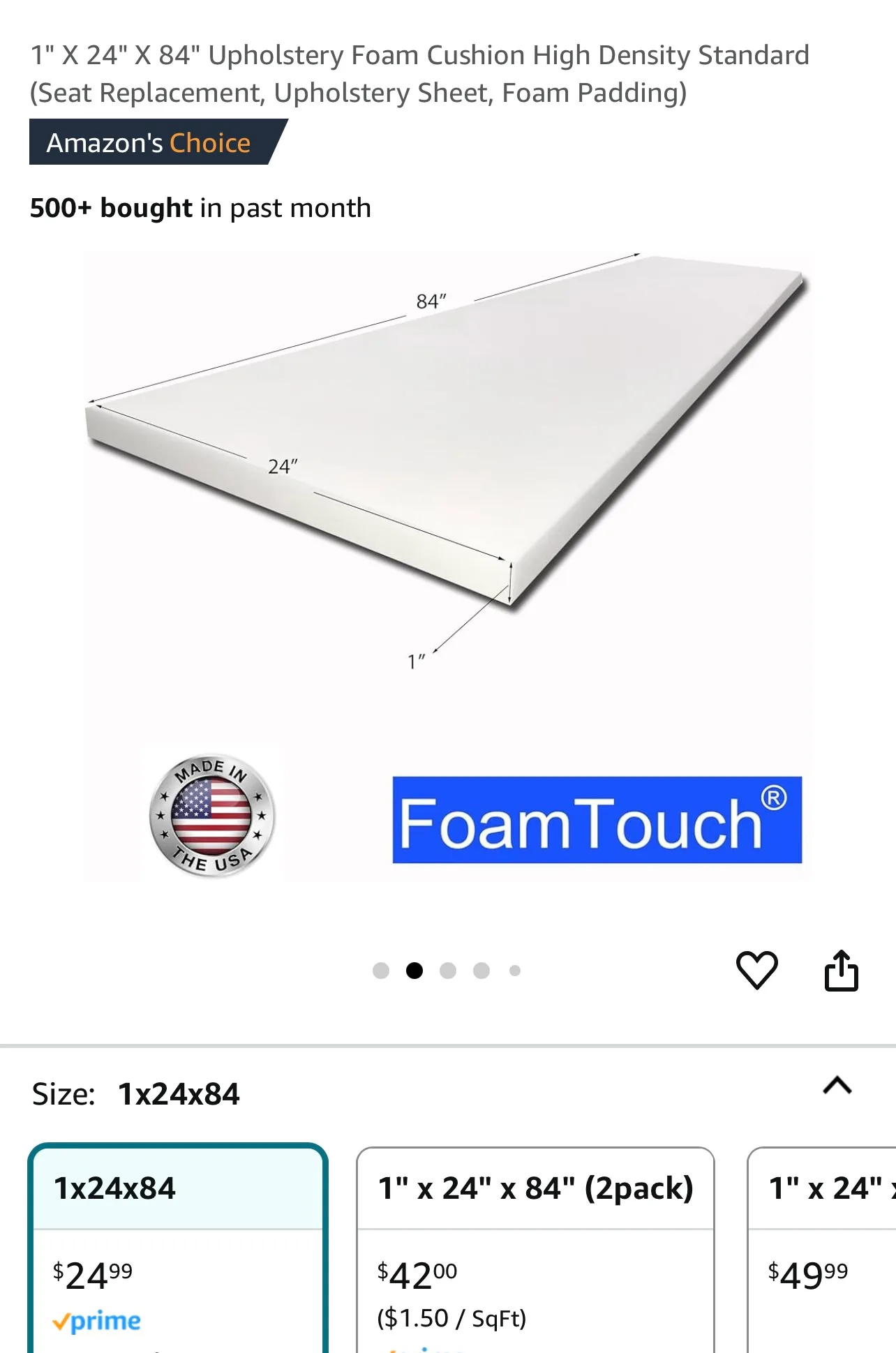 1" X 24" X 84" Upholstery Foam Cushion High Density Standard image indicator(2)