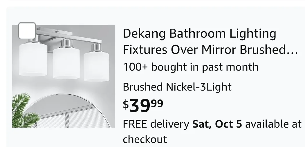 Brushed Nickel 3 Light Bathroom Vanity Light Fixture thumbnail