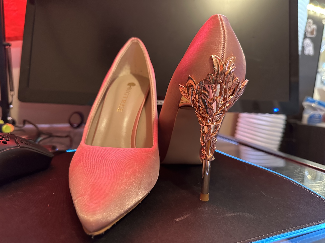 Pink Satin Heels with Gold Accents - photo 3